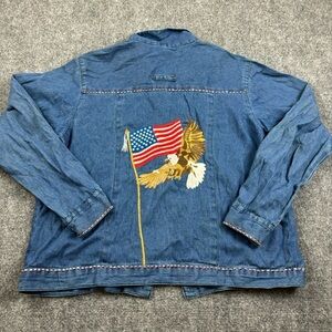 STORYBOOK KNITS Women’s Button Down Vintage Jean Denim Jacket USA Flag MEDIUM